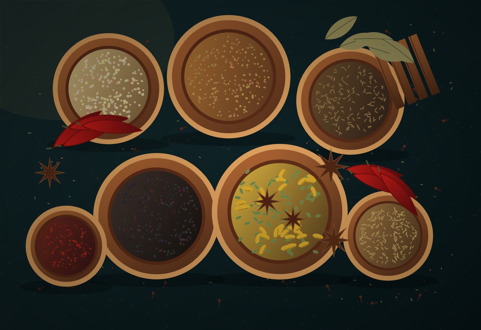 Premium assorted Indian spices arranged in bowls